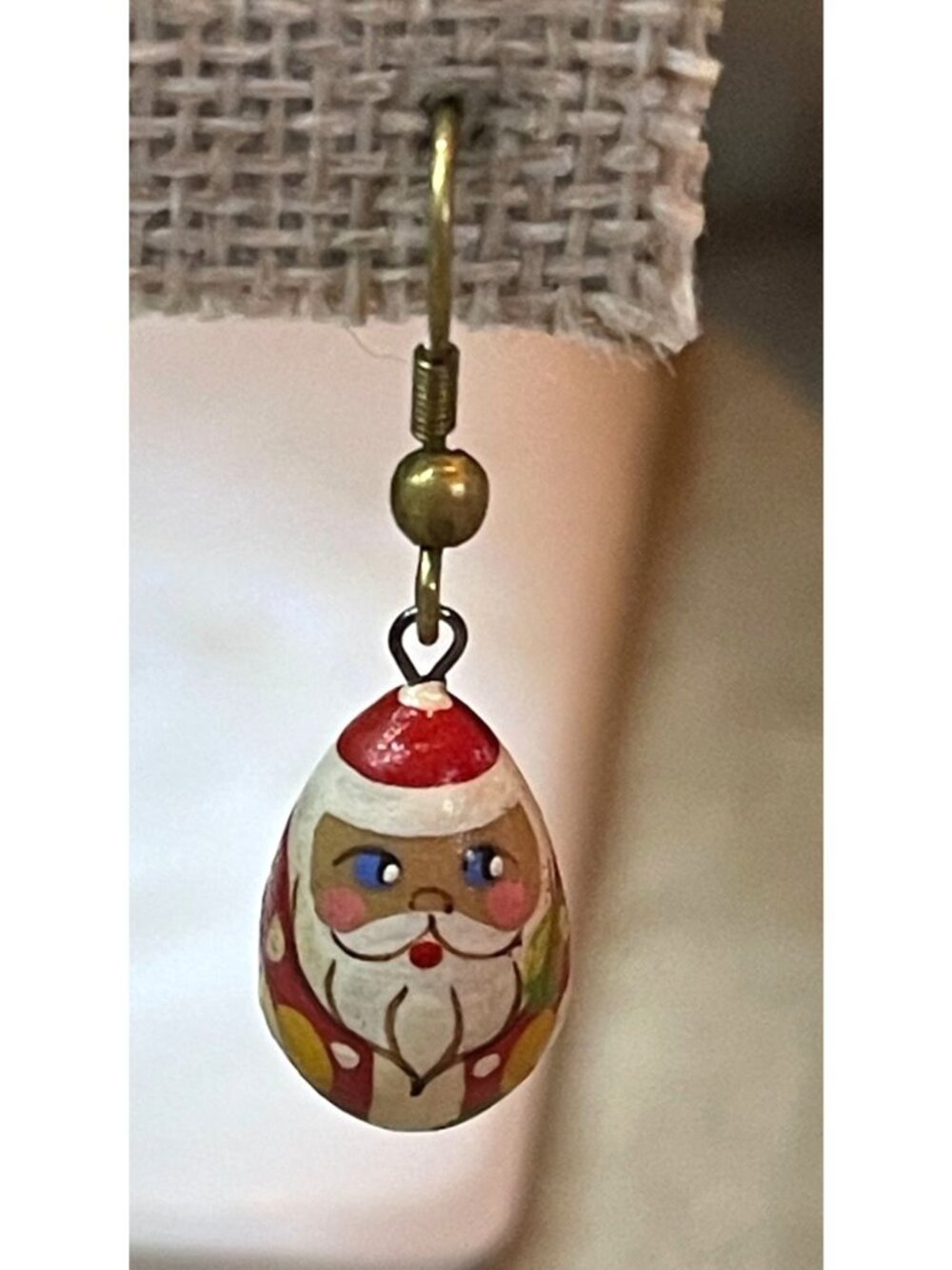 Vtg 80s Hand-Painted Wood Russian Santa Dangle Earrings
